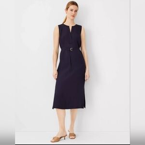 ANN TAYLOR NIGHT SKY SPLIT NECK BELTED MIDI DRESS SZ XL Navy